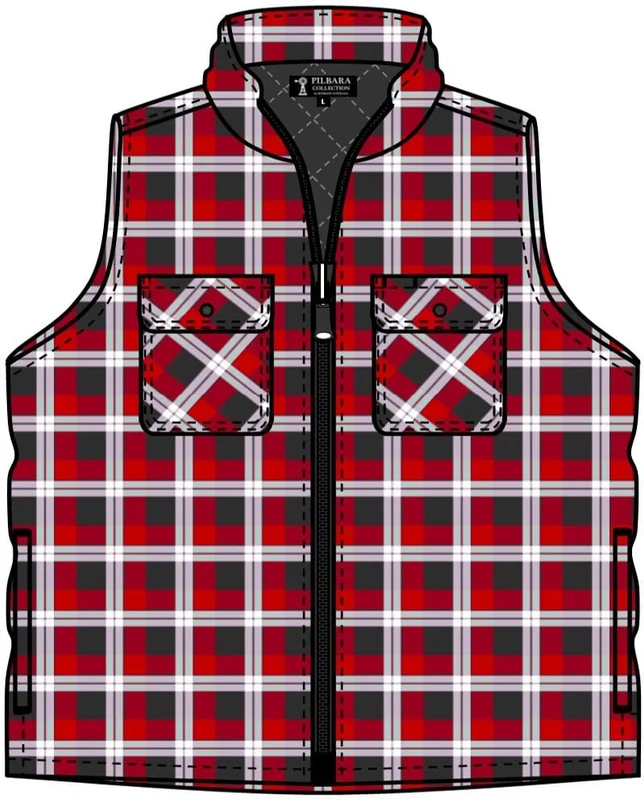 Pilbara Mens Flannelette Quilted Vest Zipper Front - Red/Charcoal/White Red/Charcoal/White / 7XL