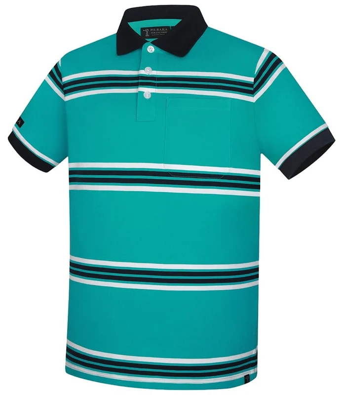 Pilbara Mens Striped Pocket Polo - Caribbean/White/Navy Caribbean/White/Navy / L
