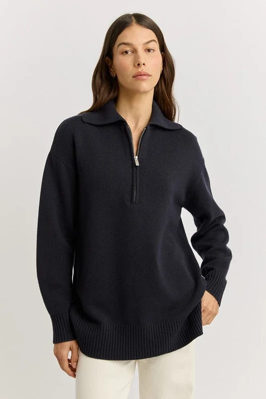 Toorallie Womens Relaxed Longline Zip Polo - French Navy French Navy / 10