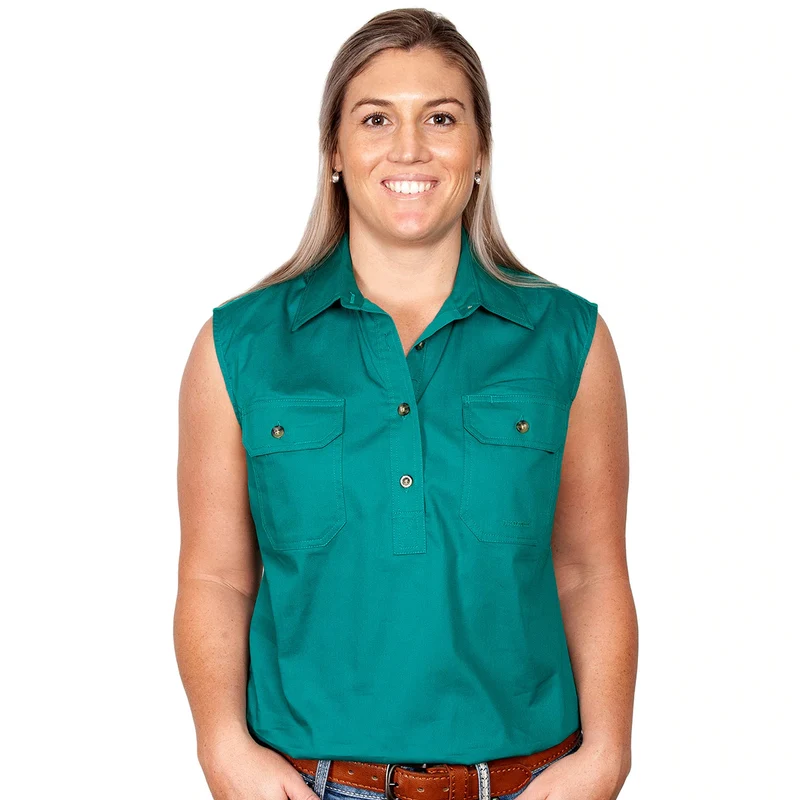 Just Country Womens Kerry Sleeveless Half Button Work Shirt (50503) Dark Green M/12