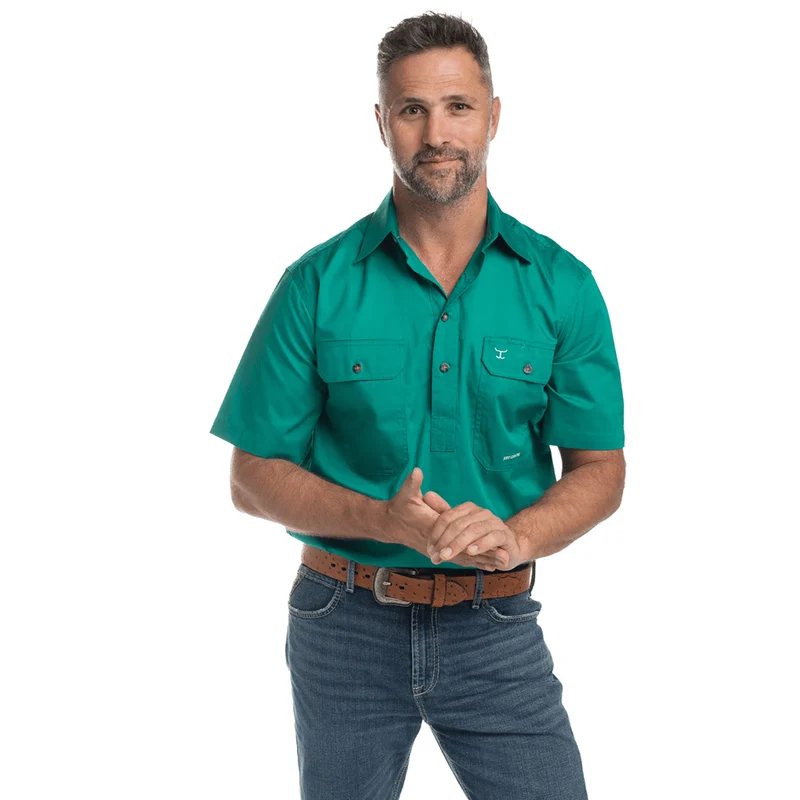 Just Country Adam Half Button Short Sleeve Shirt Dark Green / S