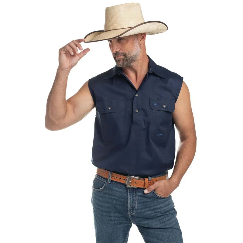 Just Country Mens Jack Sleeveless Half Button Work Shirt (10103) Navy M
