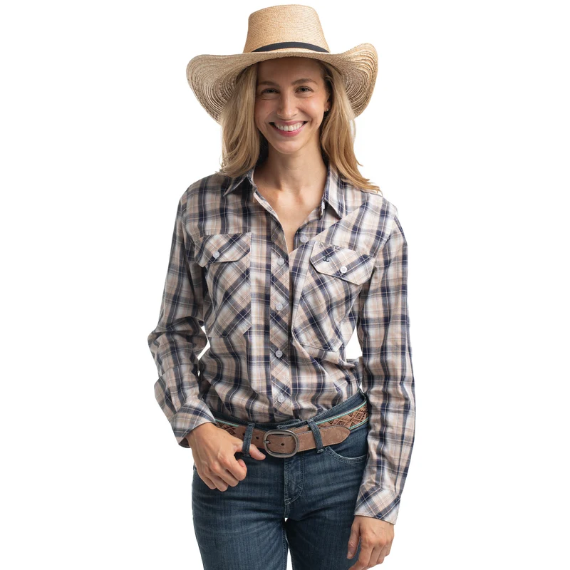 Just Country Womens Abbey Full Button L/S Print Shirt (WWLS2657) Tan/Navy/White Plaid 8