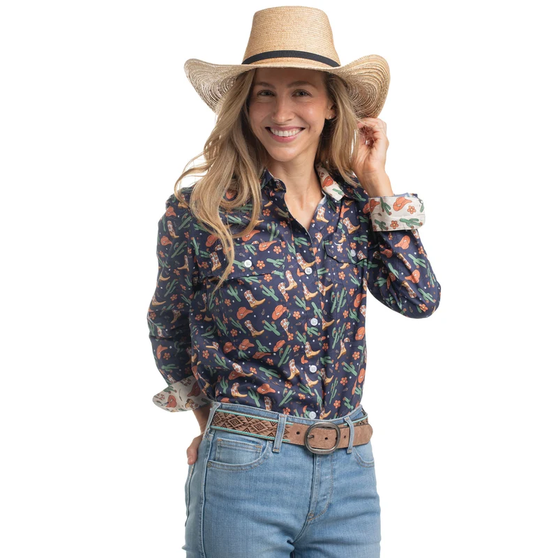 Just Country Womens Abbey Full Button L/S Print Shirt (WWLS2658) Navy Western Boots 12