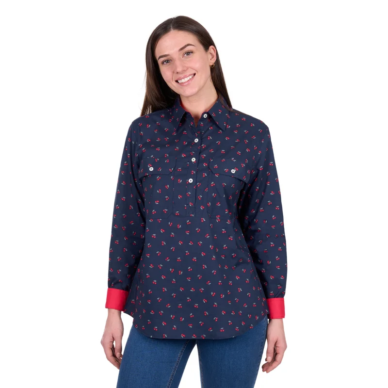 Hard Slog Womens Cherry Half Button L/S Shirt (H6W2101175) Dark Navy [SD] 10