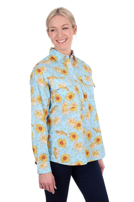Hard Slog Womens Sunday Half Button Long Sleeve Shirt Blue/Yellow / 20