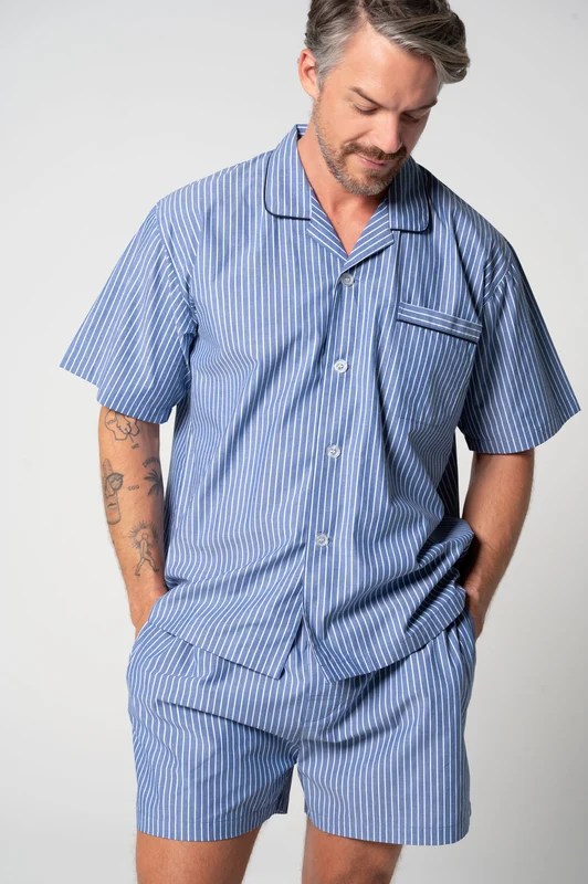 Contare Men's Refined Cotton Short Sleeve Set - Denim Stripes Denim Stripes / 4XL