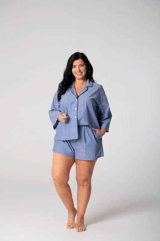 Contare Women’s Refined Cotton ¾ Sleeve Boxer Pyjama Set - Denim Stripes Denim Stripes / 14