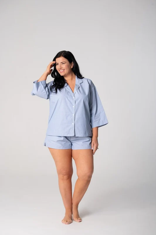 Contare Women’s Refined Cotton ¾ Sleeve Boxer Pyjama Set - Chambray Chambray / 14