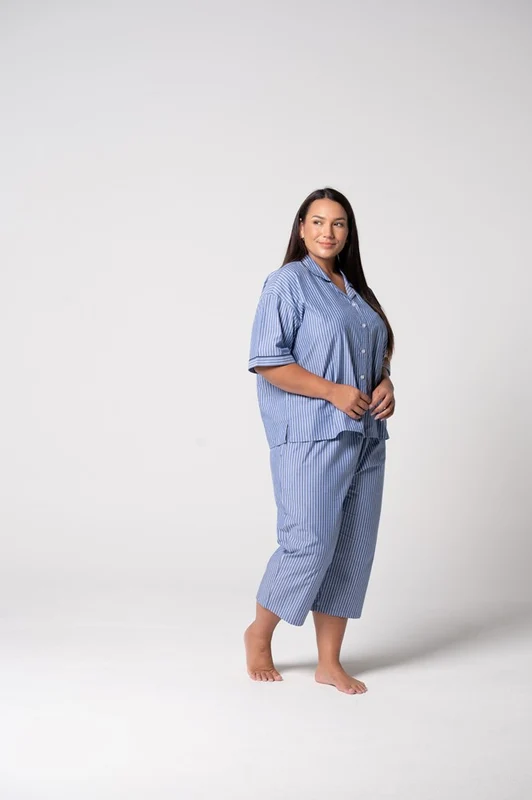 Contare Women’s Refined Cotton Short Sleeve Crop Pyjama Set - Denim Stripes Denim Stripes / 20