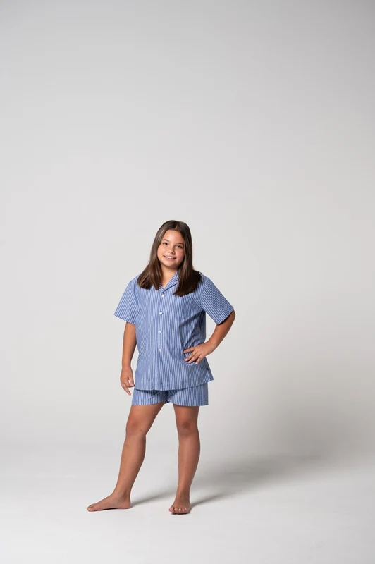 Contare Kids Refined Cotton Junior Shortie Pyjama Set - Denim Stripes Denim Stripes / 8