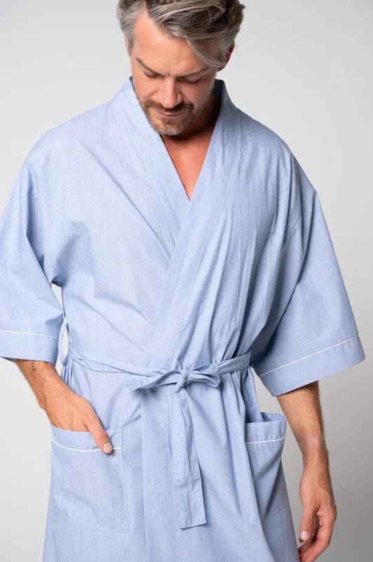 Contare Unisex Refined Poplin Longer-Length Kimono Robe - Chambray Chambray / L/XL