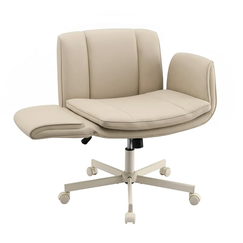 Artiss Cross Legged Office Chair PU Leather Swivel Vanity Chair Wide Seat Adjustable Arms Beige Vibe Living