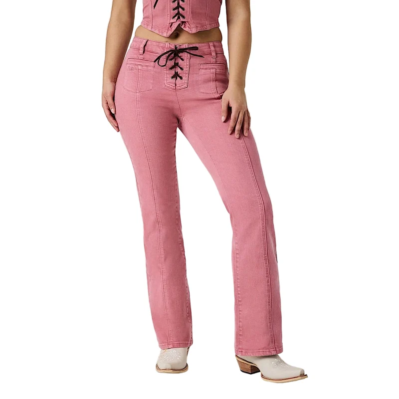 Ringers Western Women's Rodeo Rose Lace Front Mid Rise Bootleg Jean - Washed Pink Long - 88cm / 12