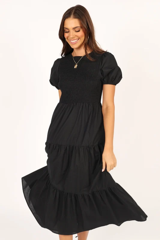 Naura Shirred Tiered Midi Dress - Black XS