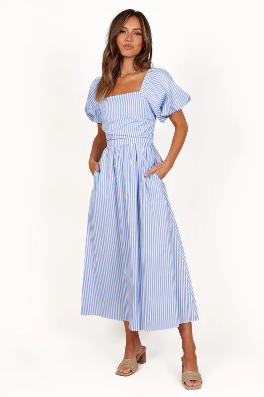 Clo Puff Sleeve Midi Dress - Blue Stripe XL