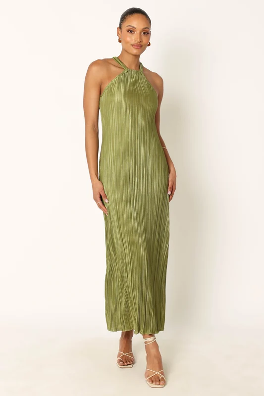 Melody Plisse Halter Maxi Dress - Olive S