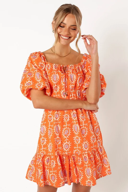 Carmen Off Shoulder Mini Dress - Orange Print 12