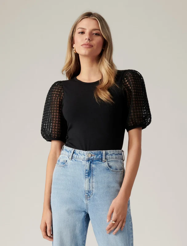 Ruby Embroidered Organza Sleeve Top Black m