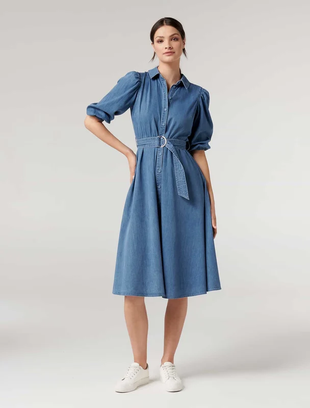 Perla Petite Puff Sleeve Shirt Dress Mid Wash 04