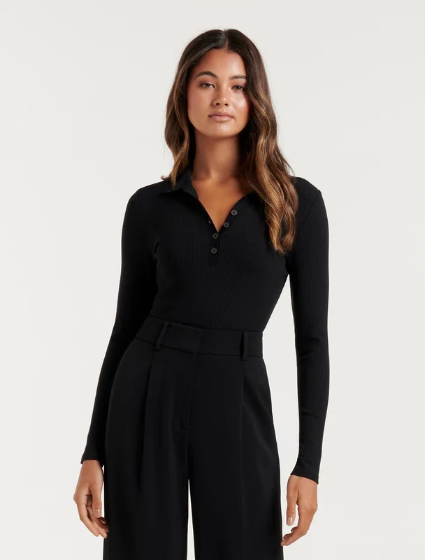 Julia Long Sleeve Polo Black xxs
