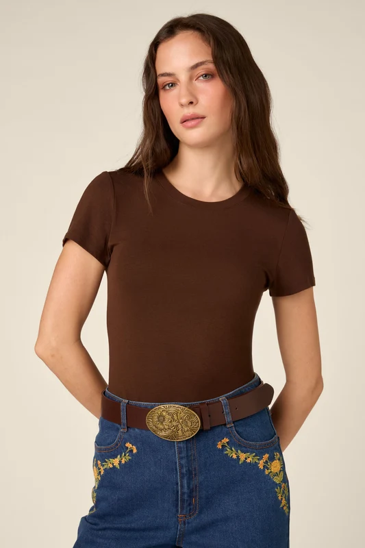 Flower Buckle Tooled Belt XL / Chocolate
