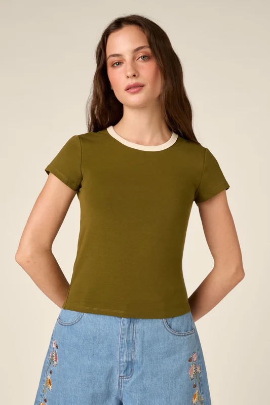 Jodie Contrast Bind Ringer Tee 10 / Olive