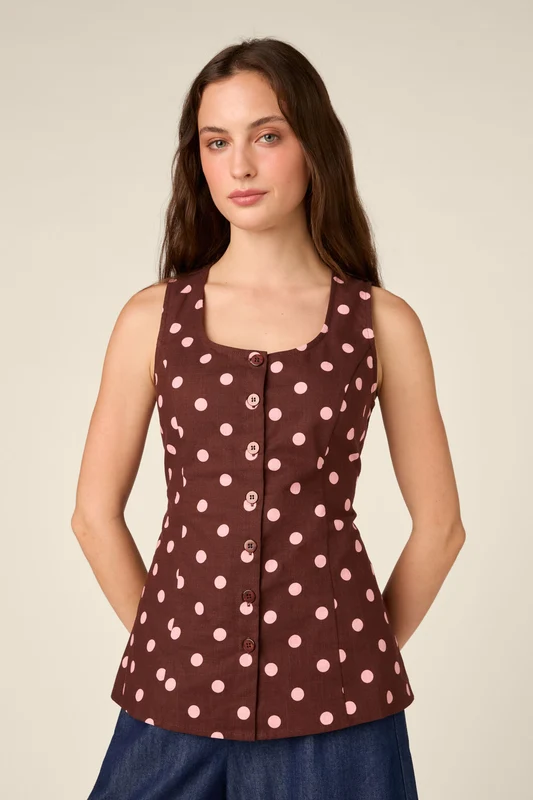 Mia Polka Dot Button Down Top 20 / Chocolate