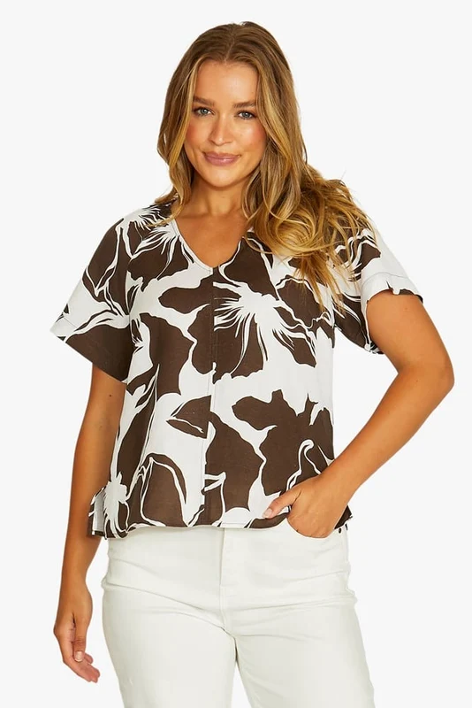 Jump Womens Lush Mono Flutter Top Chocolate/White / 12