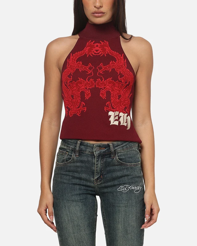 Ed Hardy Women's Dragon Knitted Top Plum 3XL