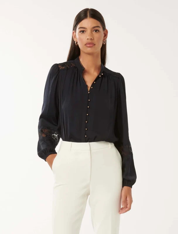 Annalise Lace Sleeve Blouse Navy 14