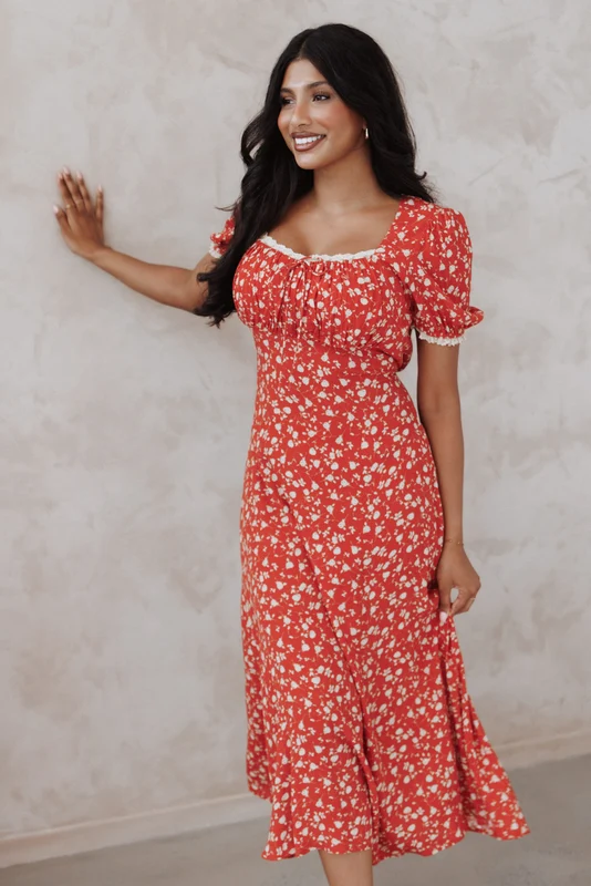 Francine Lace Midi Dress - Red Floral L