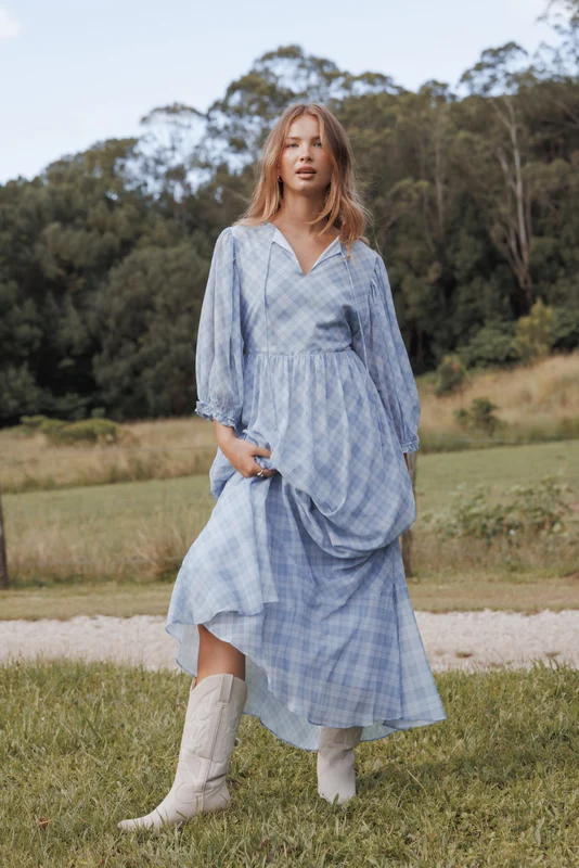 Cassina Maxi Dress - Blue Plaid L