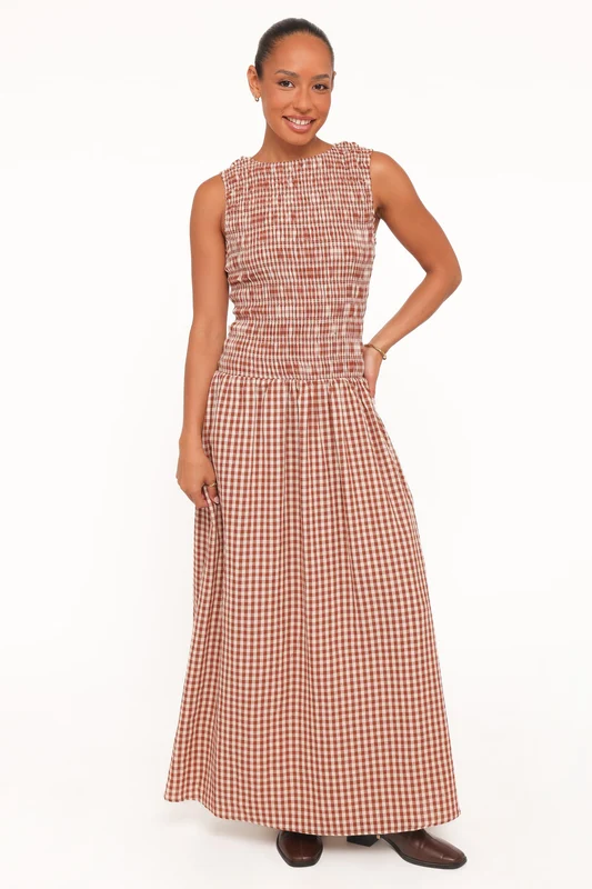 Maleny Maxi Dress - Brown Gingham M