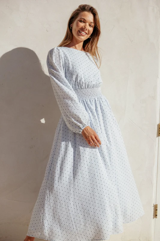 Roman Long Sleeve Maxi Dress - Blue Polka Dot S