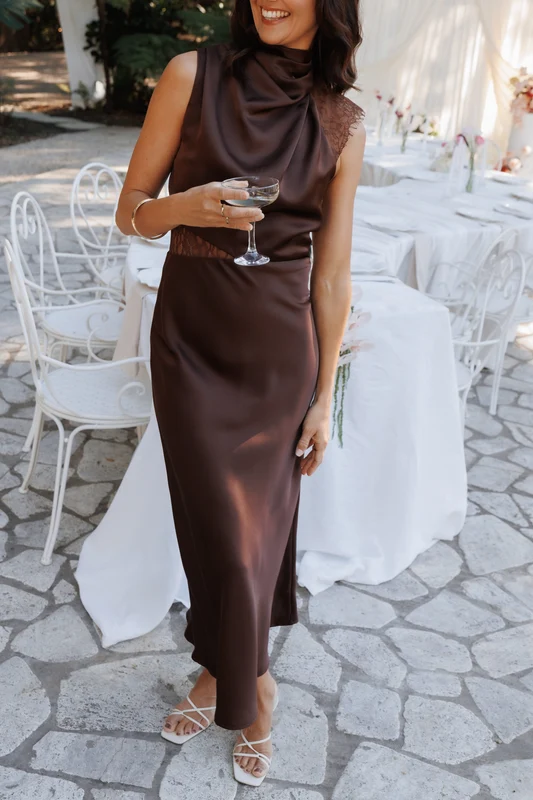 Anabelle Halter Neck Lace Maxi Dress - Chocolate Brown M