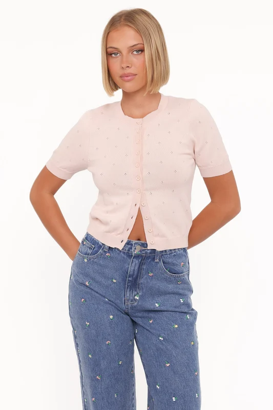 Monae Pointelle Button Up Top - Pink XXS