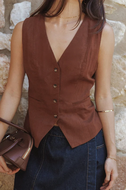 Bell Linen Vest - Brown XXL
