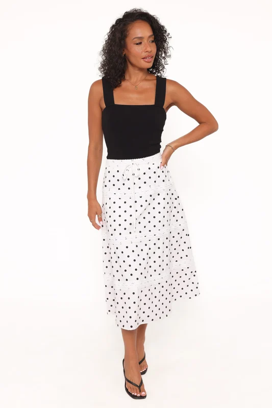 Lucia Tiered Midi Skirt - White Polka Dot M