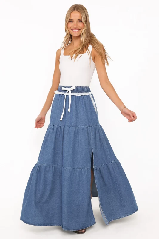 Scout Tiered Denim Maxi Skirt - Medium Wash XL
