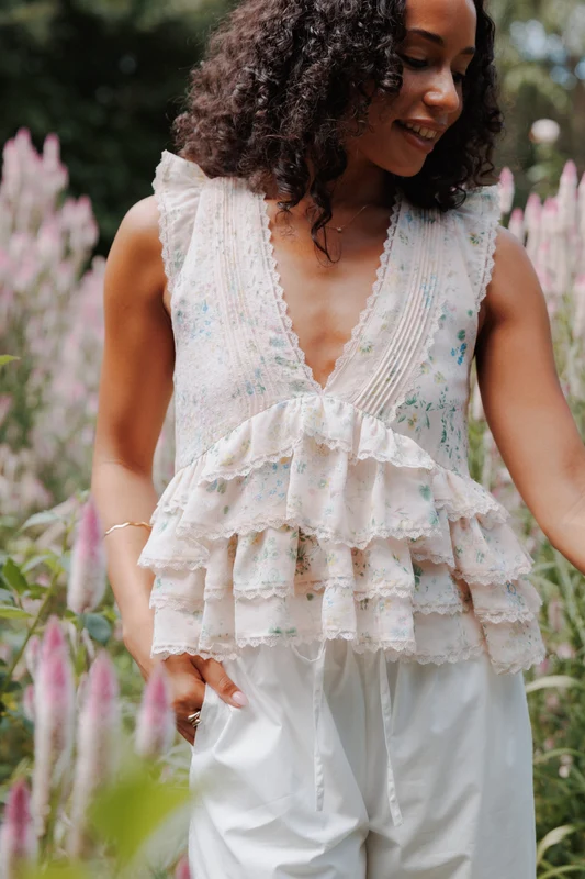 Yana Ruffle Top - Pastel Pink Floral S