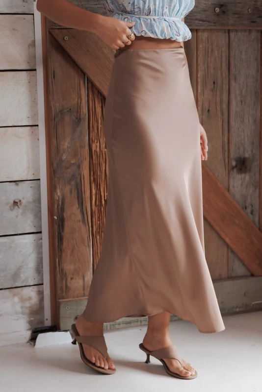 Nellie Satin Midi Skirt - Mocha Brown L