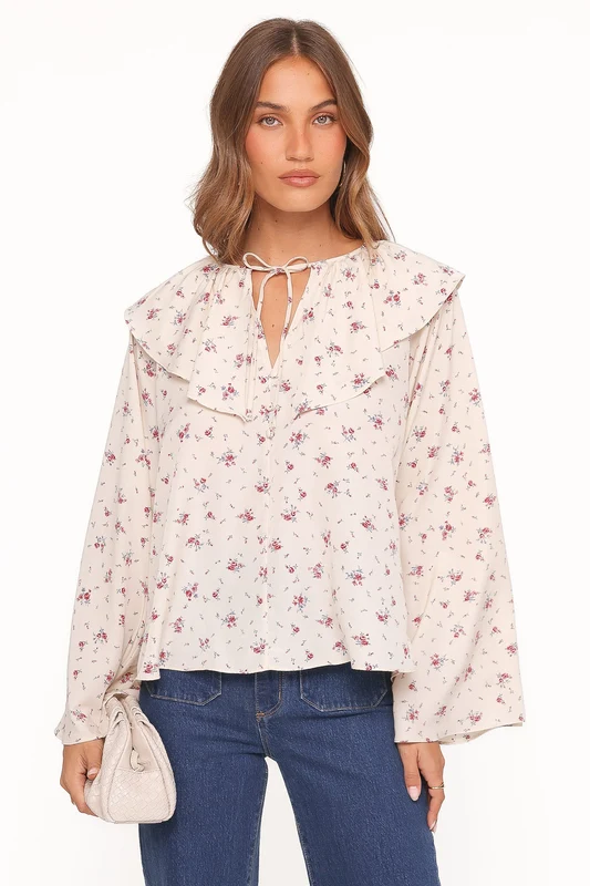 Denise Ruffle Neck Blouse - Ivory Floral XS