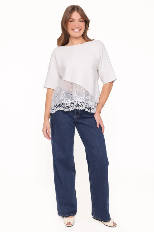 Chase Lace Hem Ribbed Top - Ivory XXL