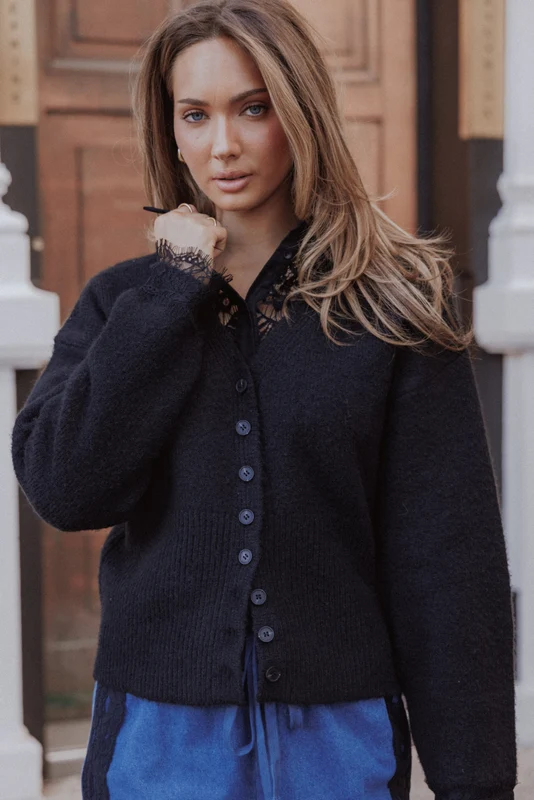 Salome Lace Trimmed Cardigan - Black S/M
