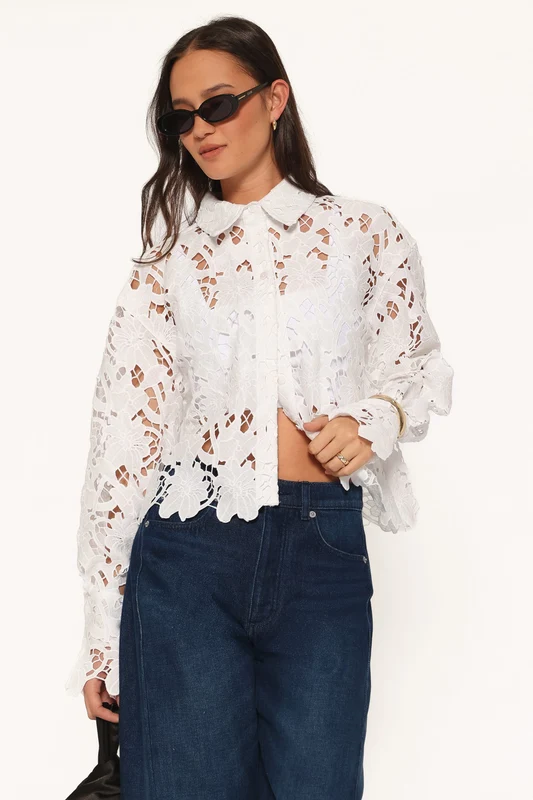 Orion Eyelet Crop Button Down - White M