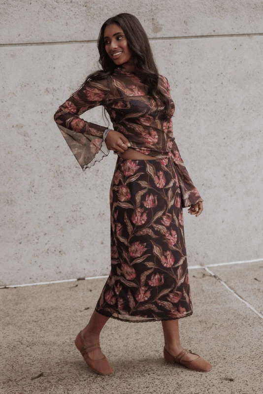 Steele Mesh Skirt Set - Dark Plum Floral XS