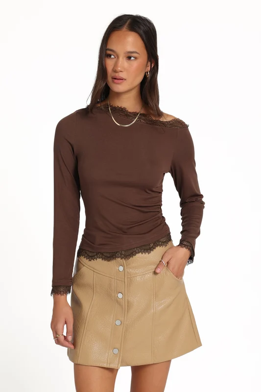Nerida Lace Trim Knit Top - Chocolate XL