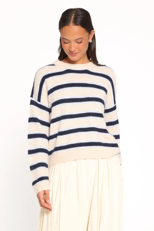 Renae Knit Sweater - White Blue Stripe L