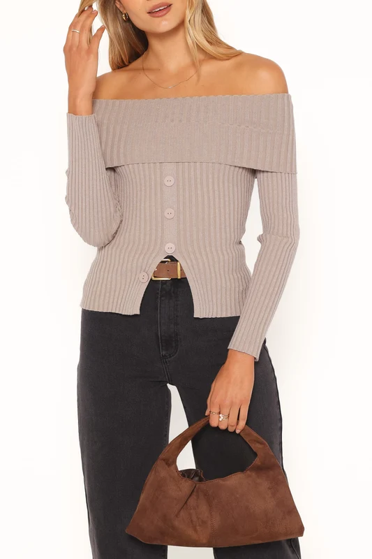 Lulla Ribbed Off Shoulder Top - Taupe S/M